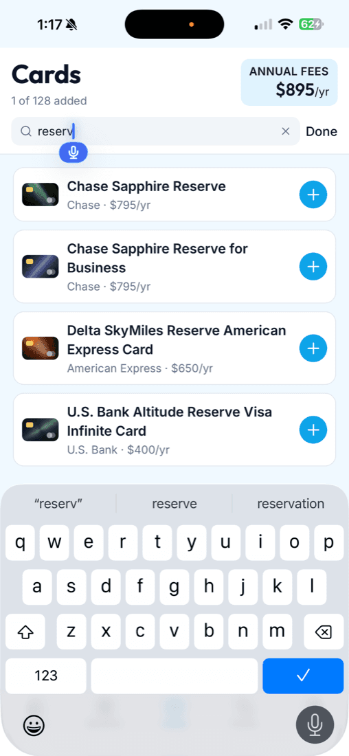 WanderFreely cards — searching a catalog of 128 cards to add (Chase Sapphire Reserve, Delta SkyMiles Reserve, U.S. Bank Altitude Reserve), with a running annual-fees total