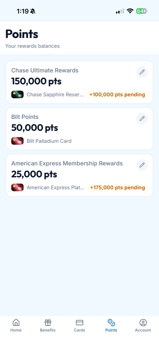 WanderFreely points — rewards balances across programs (Chase Ultimate Rewards 150,000 pts, Bilt 50,000, Amex Membership Rewards 25,000) with pending points flagged