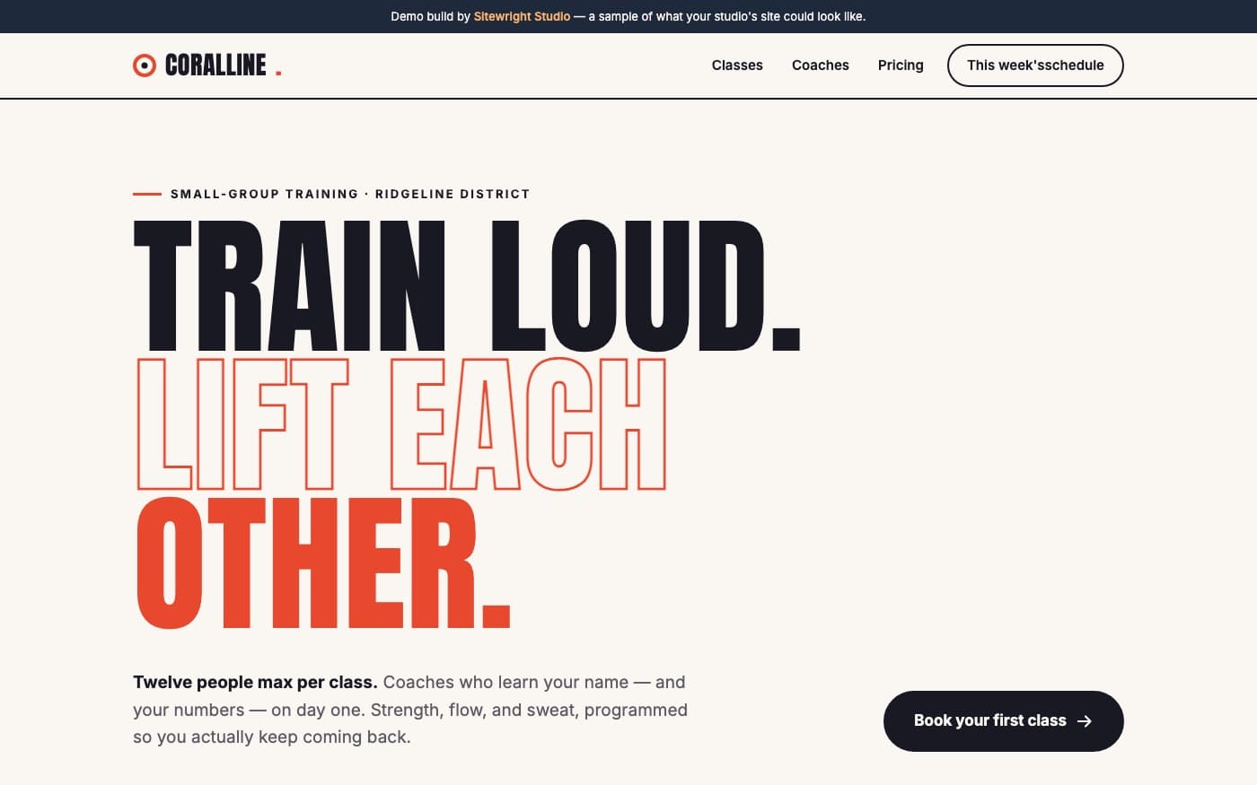 Sitewright demo — Coralline Fitness class timetable