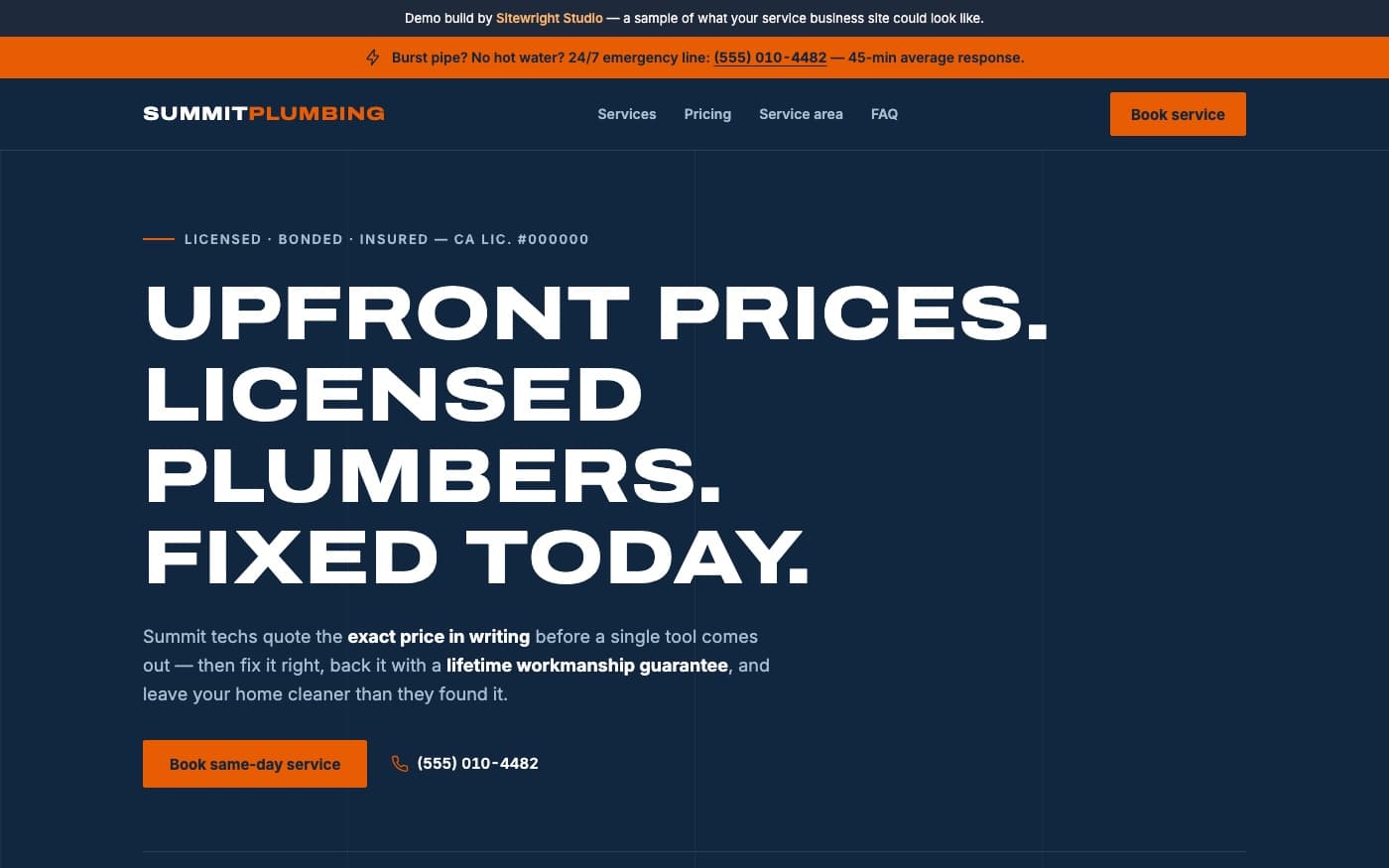 Sitewright demo — Summit Plumbing, with a booking wizard