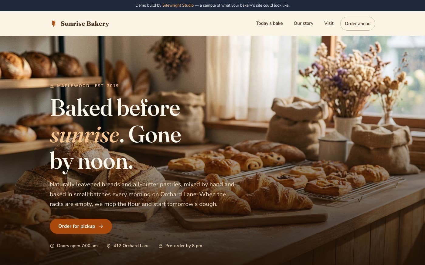 Sitewright demo — Sunrise Bakery, with an order-ahead cart
