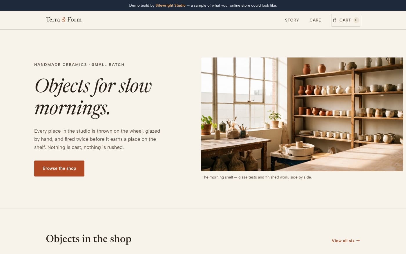 Sitewright demo — Terra & Form ceramics storefront