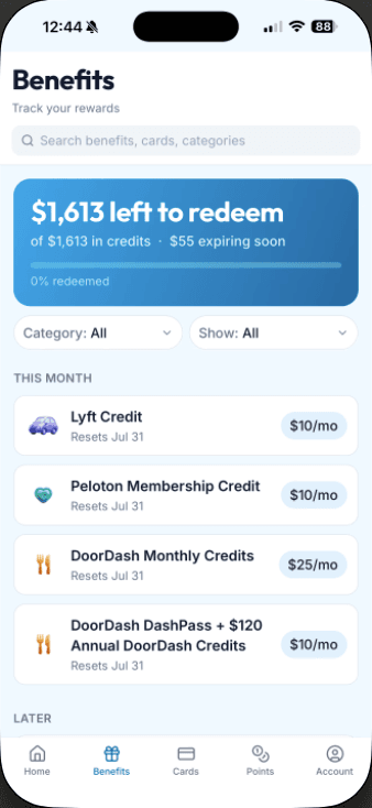 WanderFree benefits — '$1,613 left to redeem', filterable by category, with each credit's monthly value and reset date