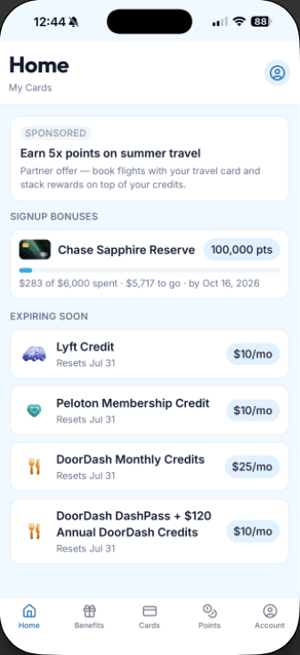 WanderFree home — your cards, a signup-bonus tracker (Chase Sapphire Reserve, $283 of $6,000 spent), and credits expiring soon